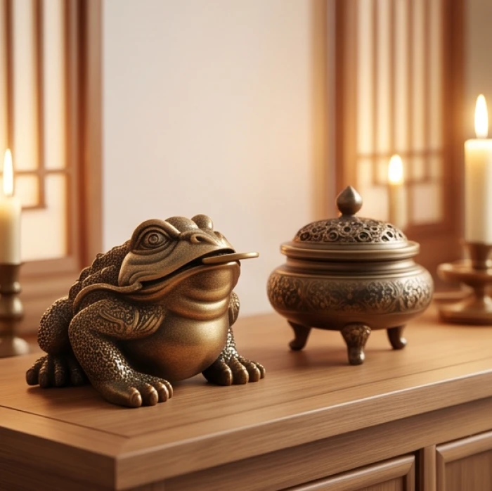 Tượng thiềm thừ đặt bên trái bàn thờ thần tài xoay nghiêng hướng vào tâm bát hương
