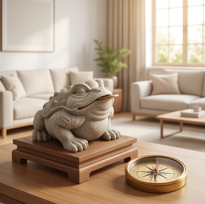 Tượng thiềm thừ phong thủy đặt tại góc chéo phòng khách bên cạnh chiếc la bàn đồng đo hướng