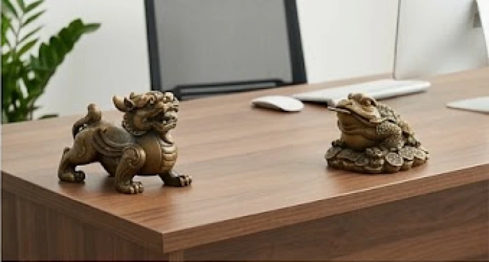 Bàn làm việc bài trí tượng Tỳ Hưu hướng ra ngoài và Thiềm Thừ quay đầu vào trong