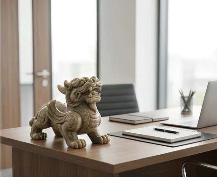 Tượng tỳ hưu uy nghi đặt ở góc trái bàn làm việc hướng chếch ra phía cửa chính cách mép bàn một khoảng an toàn
