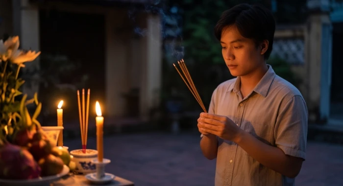Người con cháu đại diện thắp hương và đọc văn khấn giải hạn thay cho ông bà lớn tuổi ngay tại sân nhà