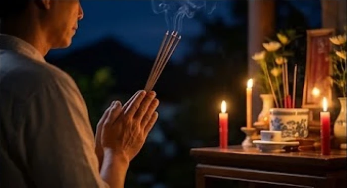Gia chủ chắp tay thành kính đứng trước bàn lễ ngoài trời đọc bài văn khấn giải sao hạn vào buổi tối thanh vắng
