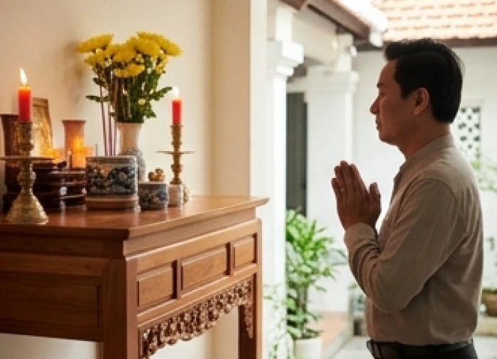 Gia chủ đứng chắp tay trang nghiêm thắp nhang làm lễ cúng giải hạn trước hiên nhà