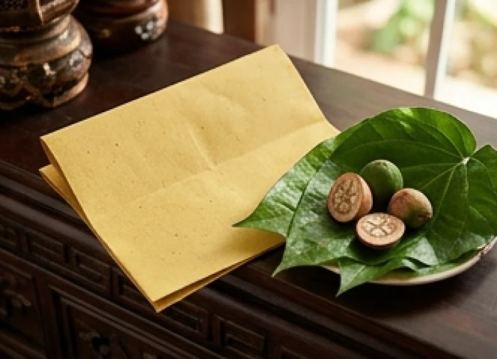 Lá bài vị bằng giấy màu vàng tươi được đặt trang trọng trên bàn cúng cùng với trầu cau và phẩm oản