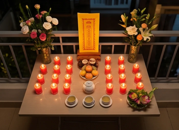 Bàn cúng sao Kế Đô với hai mươi mốt ngọn nến và bài vị màu vàng được sắp xếp chuẩn xác