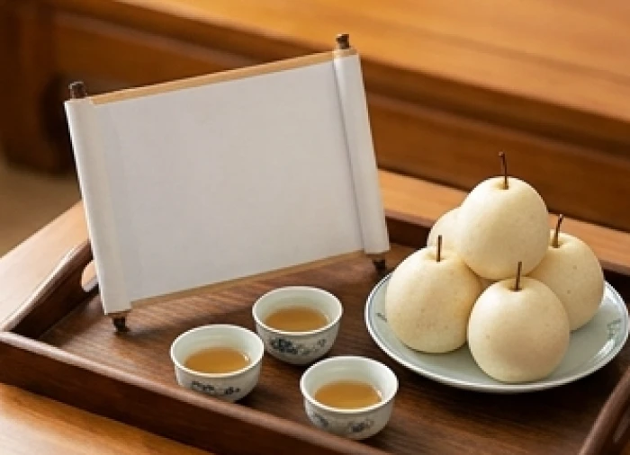 Bài vị cúng sao giấy trắng đặt trang trọng ở vị trí trung tâm bên cạnh ba chén trà và đĩa hoa quả sáng màu