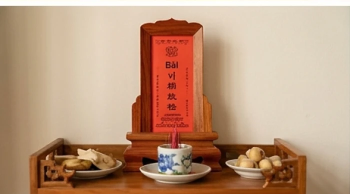 Tờ giấy bài vị màu đỏ được đặt trang trọng trên bàn lễ với dòng chữ nắn nót hướng về tinh quân