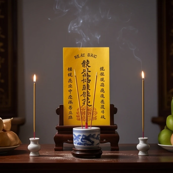 Bài vị giấy màu vàng ghi tên tinh quân được đặt trang trọng trên bàn lễ cúng sao giải hạn