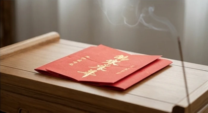 Tấm bài vị bằng giấy đỏ ghi chữ vàng được gia chủ đặt cẩn trọng trên góc bàn thờ trang nghiêm