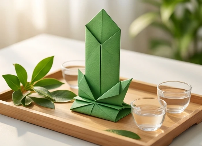 Bài vị giấy màu xanh lá cây đặt trang trọng giữa mâm lễ cúng nghênh sao Mộc Đức