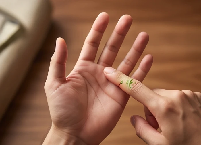 Thao tác dùng ngón cái bấm độn trên các đốt ngón tay trái để an vòng trường sinh theo chi