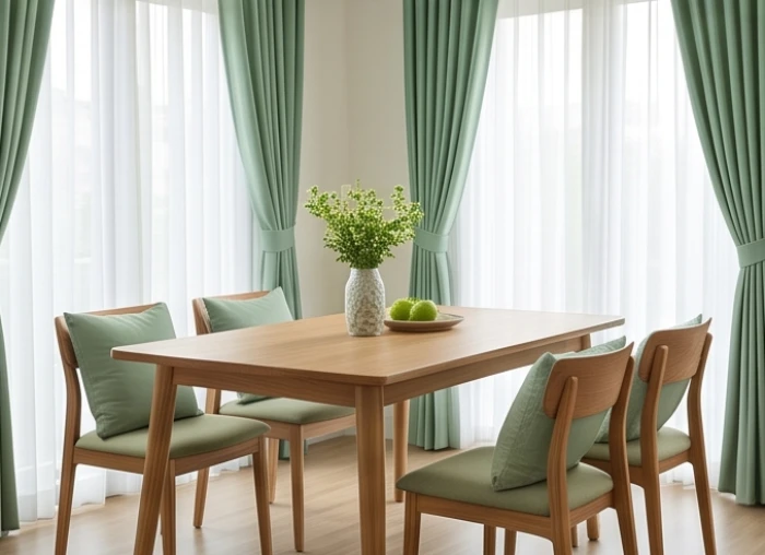 Bộ bàn ăn bằng gỗ tự nhiên kết hợp rèm cửa màu xanh ngọc bích điều hòa sinh khí cho gia đình đa thế hệ