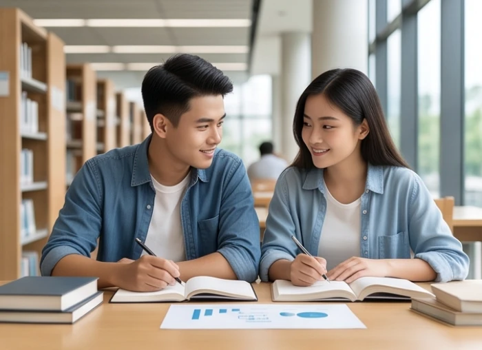 Nhóm bạn trẻ hỗ trợ nhau ôn tập bài vở thể hiện cách ứng xử chân thành và thực tế của tuổi đinh hợi 2007
