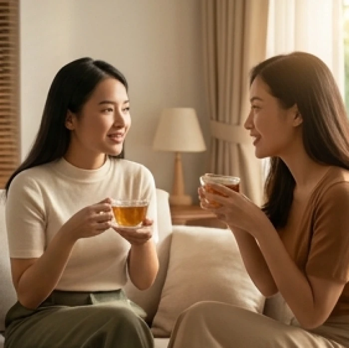 Nữ giới tuổi Bính Tý trò chuyện thân tình và chia sẻ cùng người bạn tri kỷ trong không gian ấm cúng yên tĩnh