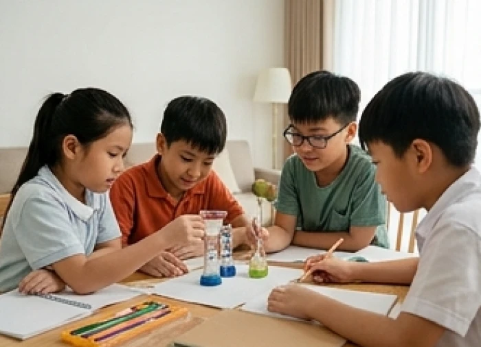 Nhóm bạn nhỏ cùng nhau giải bài tập với sự thảo luận sôi nổi và tôn trọng ý kiến đóng góp của nhau trong buổi học