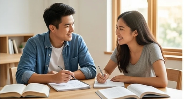 Hai bạn trẻ cùng thảo luận bài tập một cách vui vẻ và thuận lợi thể hiện sự hòa hợp năng lượng cho tân mão 2011