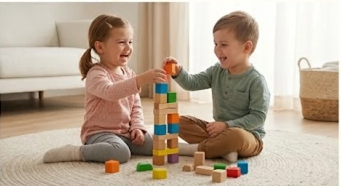 Hai đứa trẻ vui vẻ chơi xếp hình cùng nhau trên thảm trải sàn mềm mại