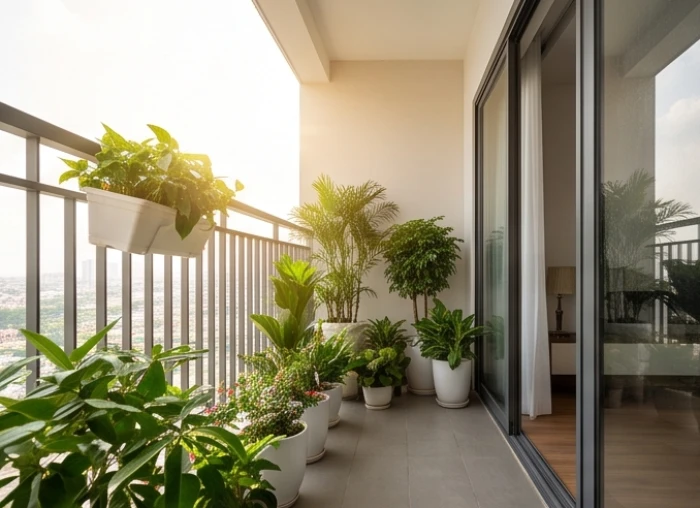 Khu vực ban công căn hộ chung cư cao cấp tràn ngập ánh nắng chiều, hướng Tây Bắc mang lại Sinh Khí cho nam gia chủ