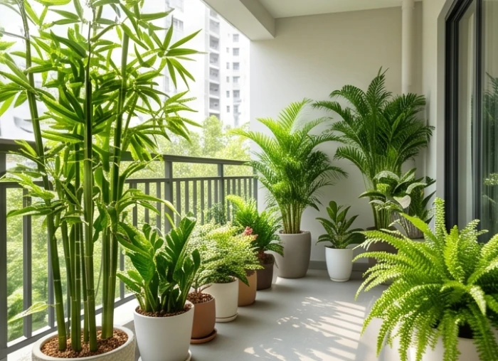 Ban công chung cư trồng nhiều chậu cây xanh giúp điều hòa luồng khí