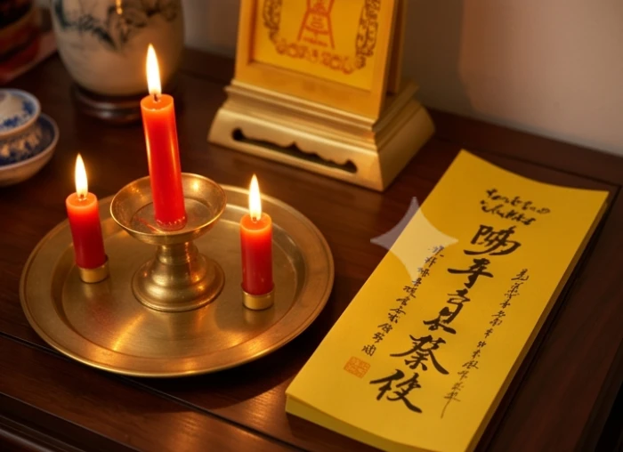 Mâm lễ dâng sao với ngọn nến sáng đặt an toàn trên khay đồng bên bài vị giấy vàng chữ đỏ trang nghiêm
