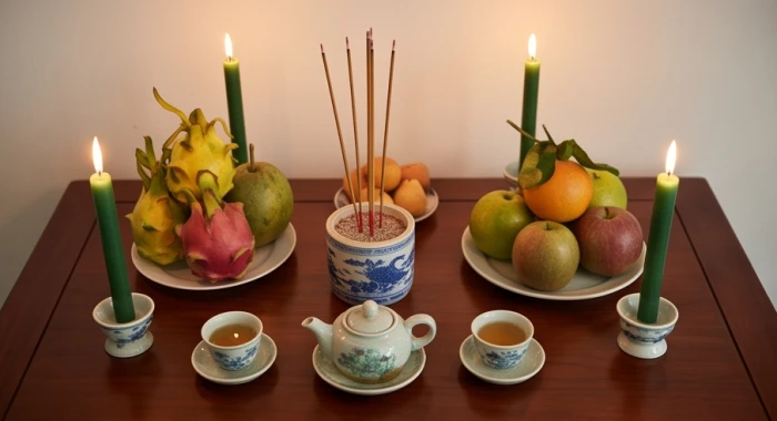 Mâm lễ cúng sao Mộc Đức được bày biện trang nghiêm với hoa tươi đĩa ngũ quả và nến rực rỡ