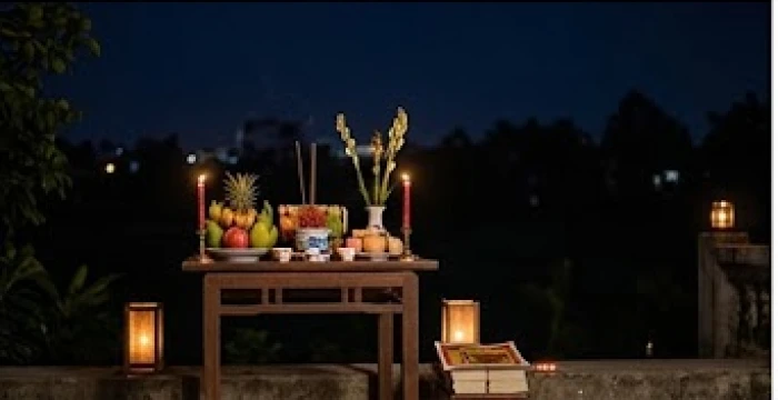 Bàn lễ cúng giải hạn sao vân hán chiếu mệnh được đặt ở không gian ngoài trời thông thoáng hướng về phương Nam