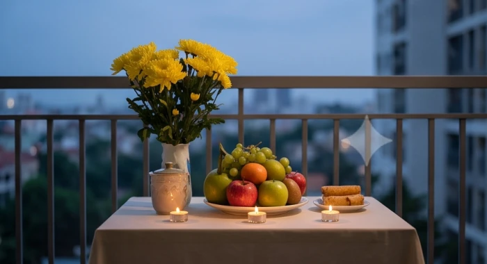 Mâm lễ cúng sao giải hạn tinh gọn ngoài ban công với hoa cúc vàng ngũ quả và những ngọn nến lung linh