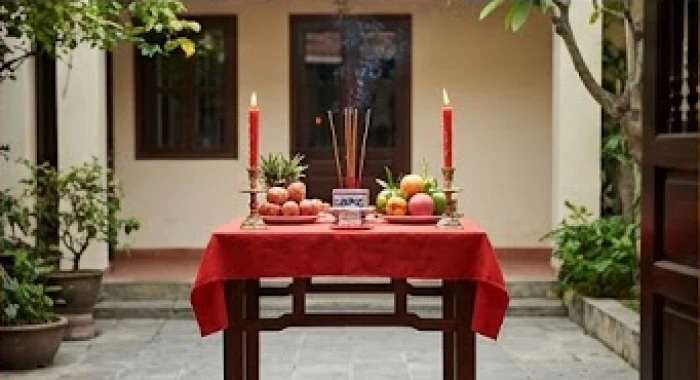 Bàn cúng nhỏ trải khăn đỏ đặt ngoài hiên hướng phương Nam trang nghiêm với hai ngọn nến và mâm lễ
