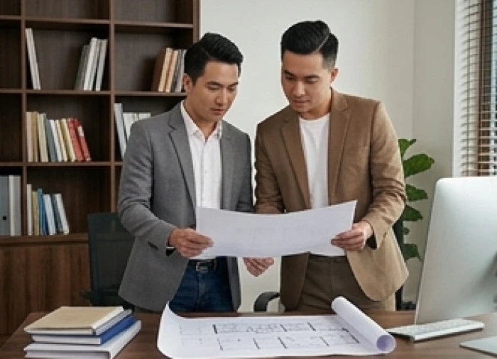 Vợ chồng trẻ tuổi Ất Hợi 1995 đạt số Nhất Phú Quý cùng nhau trao đổi kế hoạch kinh doanh thành công tại phòng làm việc