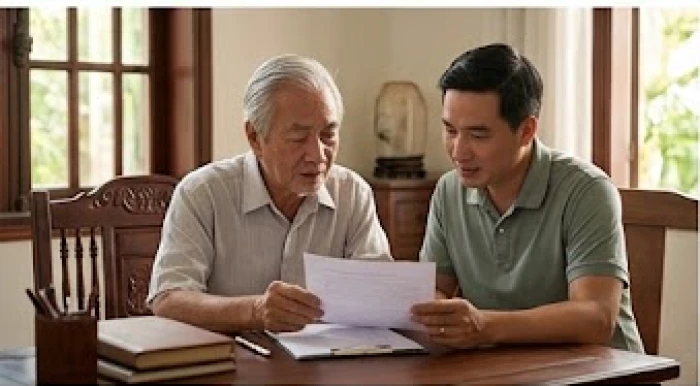 Người cha lớn tuổi đang hướng dẫn con trai xem xét sổ sách tại bàn làm việc bằng gỗ truyền thống