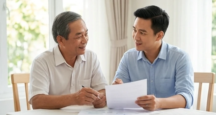 Người đàn ông lớn tuổi mỉm cười thân thiện khi cùng con trai thảo luận và bàn giao công việc kinh doanh