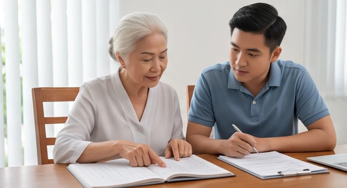 Nữ chủ gia đình tuổi Dậu hài lòng truyền đạt kinh nghiệm quản lý sổ sách kinh doanh cho thế hệ con cháu kế cận