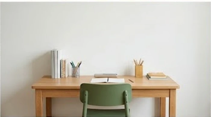 Góc học tập của bé gái với lưng ghế tựa vào bức tường đặc vững chắc