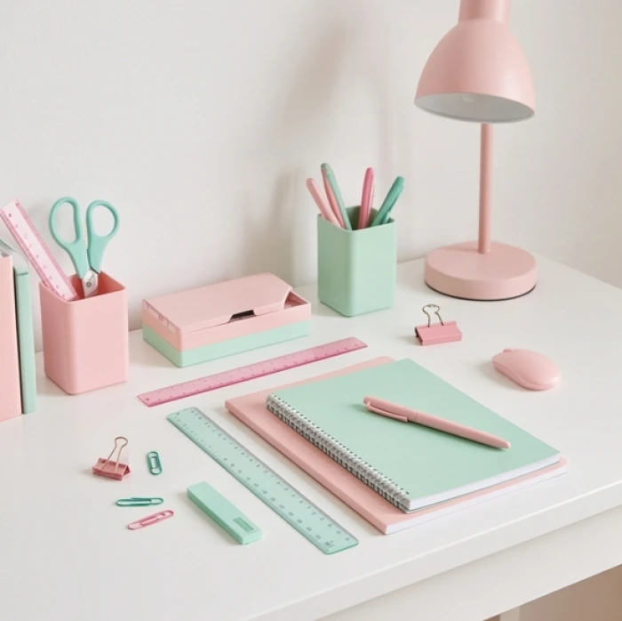 Một góc học tập vô cùng ngọt ngào với đồ dùng học tập mang sắc hồng pastel và xanh mint nhẹ nhàng