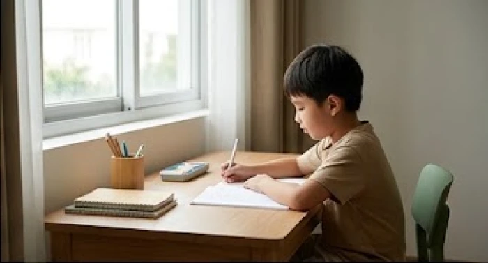 Bé trai ngồi học ngay ngắn tại bàn gỗ hướng ra ngoài cửa sổ đón nắng