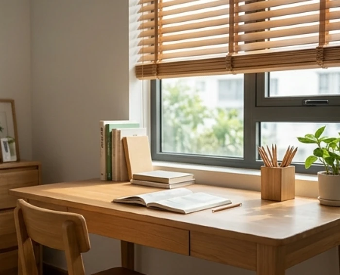 Bàn học gỗ của bé trai đặt cạnh cửa sổ có rèm cuốn cản bớt ánh nắng chói chang chiếu vào