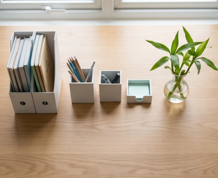 Góc bàn học sắp xếp gọn gàng với chậu cây thủy sinh có đúng ba nhánh cùng các vật dụng học tập theo con số may mắn