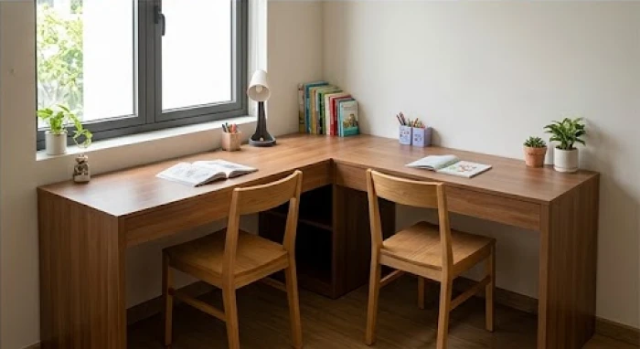 Bàn học chữ L kê sát góc tường giúp hai bé sinh đôi có không gian ngồi học độc lập