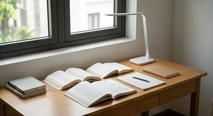 Góc học tập bài trí gọn gàng cạnh cửa sổ đón nắng giúp gia tăng sự tập trung và tiếp thu kiến thức