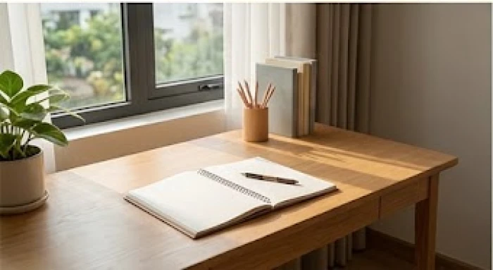 Góc học tập đón ánh sáng tự nhiên hắt chéo từ bên trái chống chói mắt cho trẻ