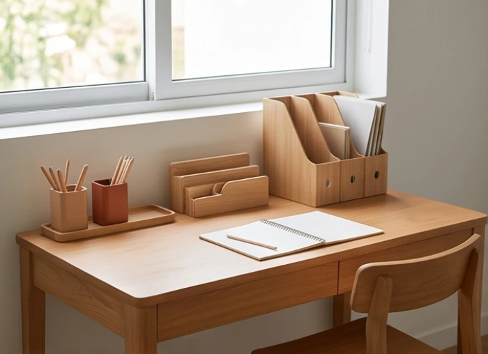 Bàn học bằng chất liệu gỗ tự nhiên mang lại cảm giác ấm áp thay cho kim loại