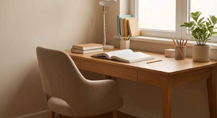 Bàn học bằng gỗ tựa lưng vào tường đón ánh sáng tự nhiên dịu mát từ hướng Đông