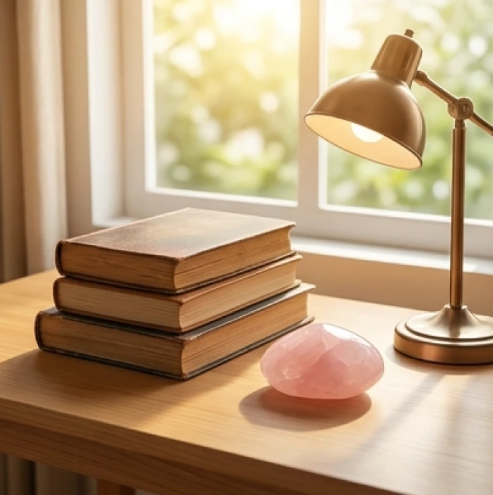 Bàn học gỗ hướng Đông Nam bố trí gọn gàng với sách vở và viên thạch anh hồng ở góc trái bàn đem lại cát khí