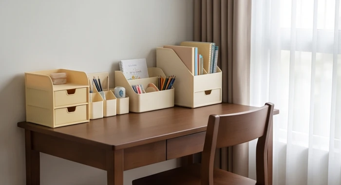 Không gian học tập yên tĩnh với chiếc bàn gỗ màu nâu đất và các phụ kiện tông vàng nhạt tương sinh mệnh Kim