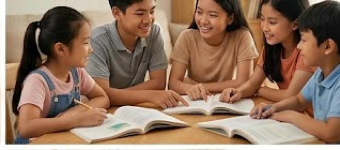 Nhóm học sinh khác độ tuổi đang cùng nhau thảo luận bài tập một cách sôi nổi và hiệu quả