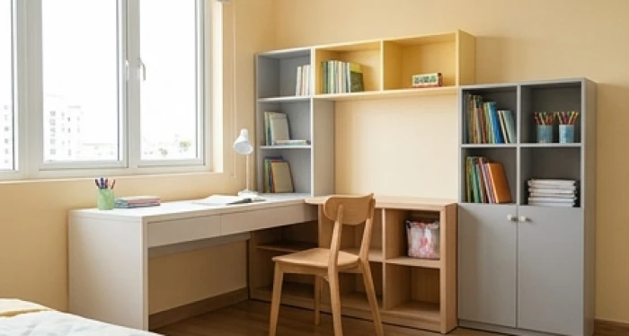 Góc học tập bên cửa sổ được bố trí gọn gàng với gam màu vàng nhạt và trắng xám hợp mệnh