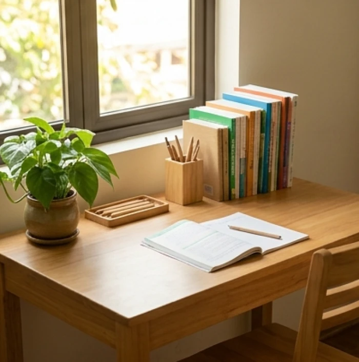 Bàn học hướng Đông Nam bố trí cây trầu bà ở góc Thanh Long cùng ống bút gỗ hỗ trợ sĩ tử Kỷ Sửu