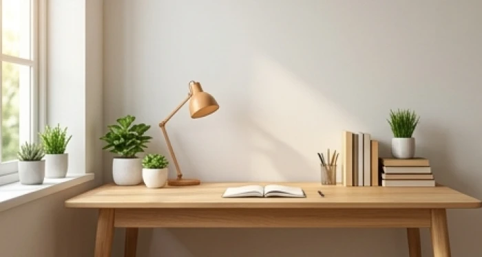 Góc học tập gọn gàng với cây xanh và đèn học được bố trí hợp phong thủy cho nam giới mệnh Hỏa
