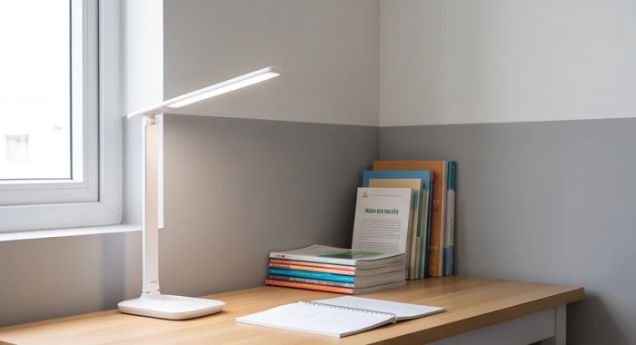 Góc bàn học phong thủy tuổi Ất Mùi được bố trí gọn gàng với ánh sáng trắng giúp trẻ tập trung
