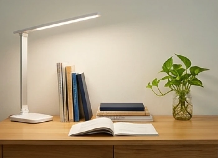 Bàn học gỗ hướng Bắc bố trí đèn LED bên trái và cây trầu bà thủy sinh cho học sinh sinh năm 2010